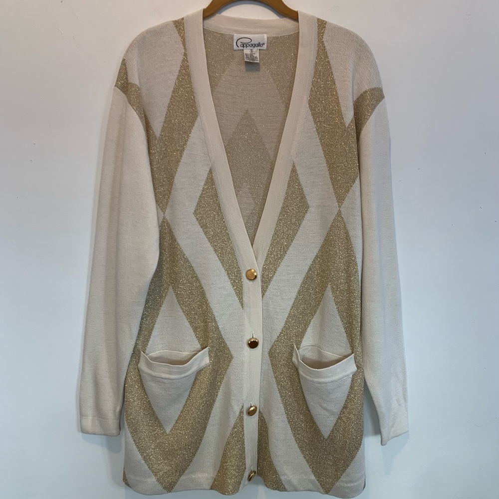 Vintage Pappagallo Gold Diamond Wool Blend Cardigan Oversized Small w/ Flaw
